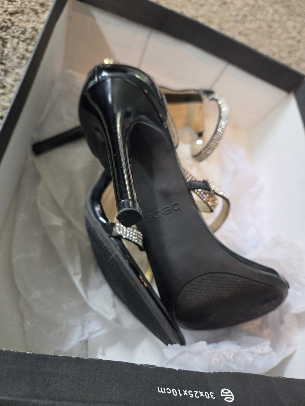 bebe Black Strappy Rhinestone High Heel Sandals - Picture 6 of 9